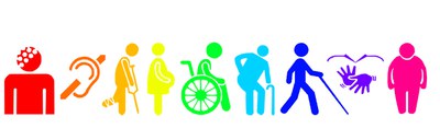 Imagem contendo 9 referências de limitações pessoais: surdez, usuário de muletas, grávida, cadeirante, idoso, deficiente visual, libras e obeso  