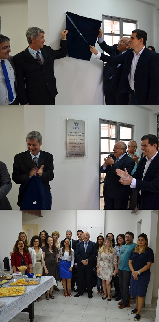 Dois momentos do descerramento da placa de inauguração e reunião da equipe do Arquivo com Luiz Pedro Jutuca, Ricardo Cardoso e Flávio Leal (Fotos: Comso)