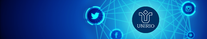 Logo UNIRIO rodeado dos ícones das Redes Sociais em fundo azul
