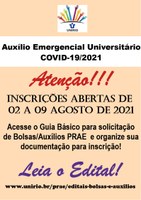 PRAE informa abertura do Edital do AUXÍLIO EMERGENCIAL UNIVERSITÁRIO COVID19 - 2021