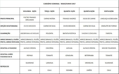 cardápio 29/05 a 02/06/17