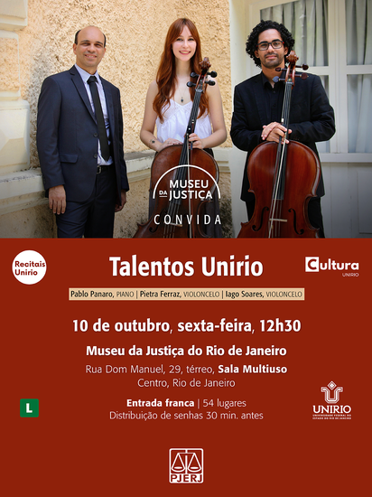 Recitais UNIRIO 10-10-25 Cartaz do projeto Recitais UNIRIO, com foto dos músicos (um homem de terno azul, ao lado de uma mulher de blusa branca e um homem de paletó preto, ambos segurando violoncelos). Em fundo vermelho lêem-se as informações sobre a apresentação (como data e local)