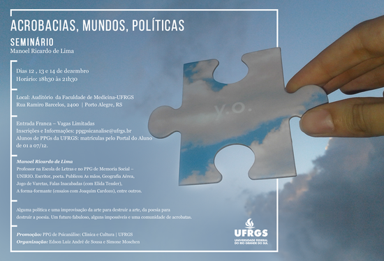 Imagem com informações sobre o seminário, sob fundo com céu, nuvens e dedos segurando uma peça de quebra-cabeças em que se inscreve y.o.