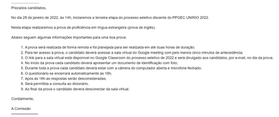Informações sobre a terceira etapa (prova de inglês)