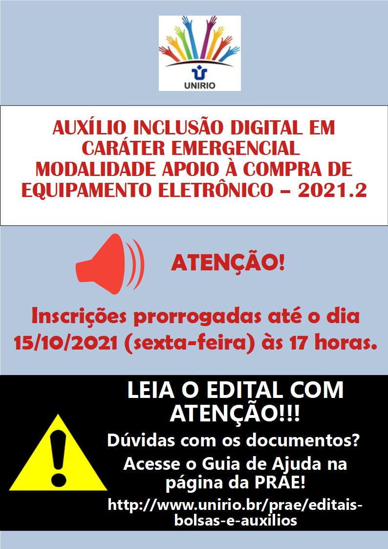 PRAE informa prorrogação das inscrições para o Edital do Auxílio Inclusão Digital 2021.2