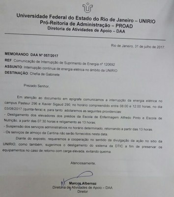 Memorando Interrupção de energia Campus Reitoria