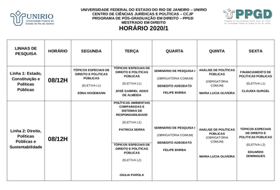 Horário 2020/1° semestre