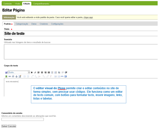 Página de edição do Plone