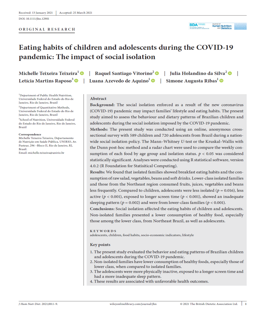 Eating habits of children and adolescents during the COVID-19 pandemic: The impact of social isolation
