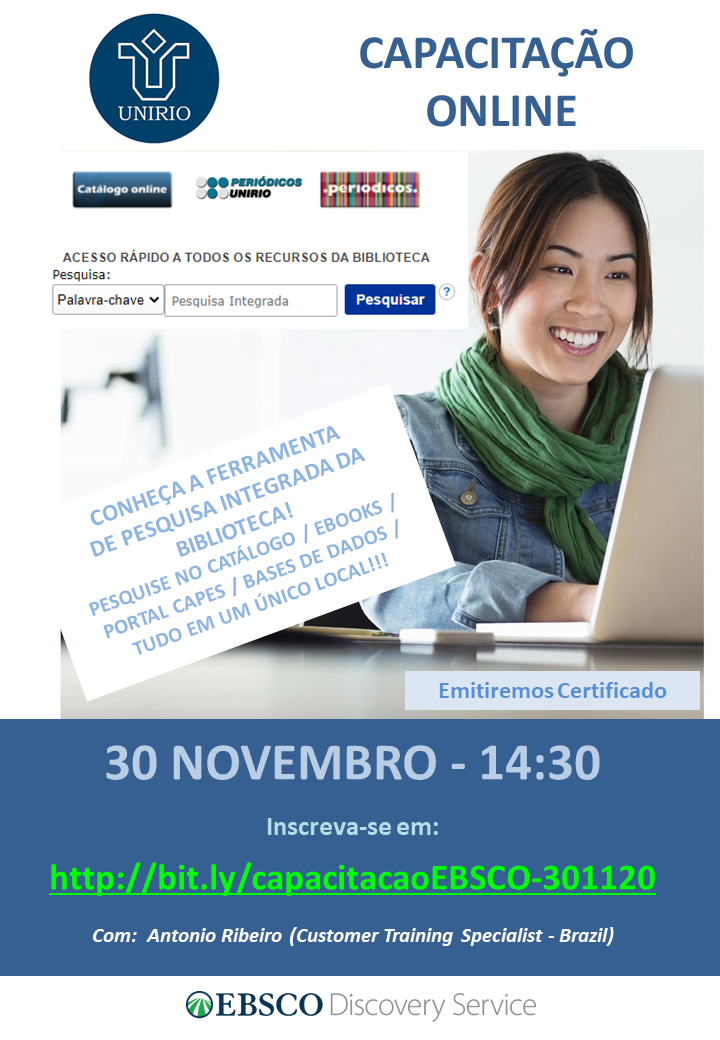 Cartaz de divulgação Capacitação EBSCO PESQUISA INTEGRADA da Biblioteca da UNIRIO