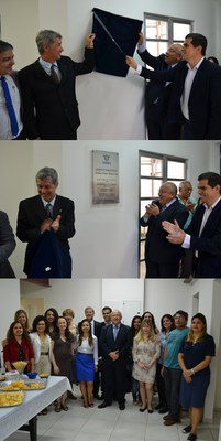 Três momentos da inauguração, com o descerramento da placa e foto de membros da gestão e equipe do Arquivo (Fotos: Comso)