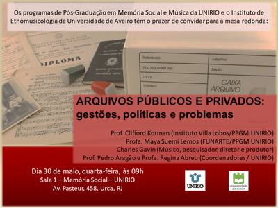 Cartaz de divulgação da mesa redonda sobre Arquivos Públicos e Privados no campo da Música