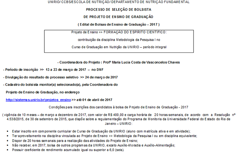 Projeto de Ensino FORMAÇÃO DO ESPÍRITO CIENTÍFICO Projeto de Ensino FORMAÇÃO DO ESPÍRITO CIENTÍFICO