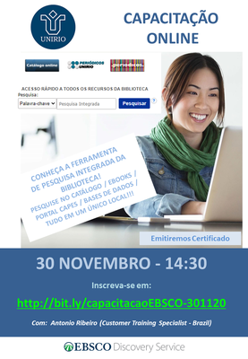Cartaz de divulgação Capacitação EBSCO PESQUISA INTEGRADA da Biblioteca da UNIRIO