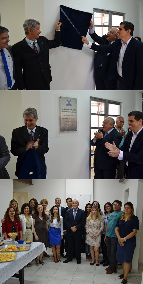 Três momentos da inauguração, com o descerramento da placa e foto de membros da gestão e equipe do Arquivo (Fotos: Comso)