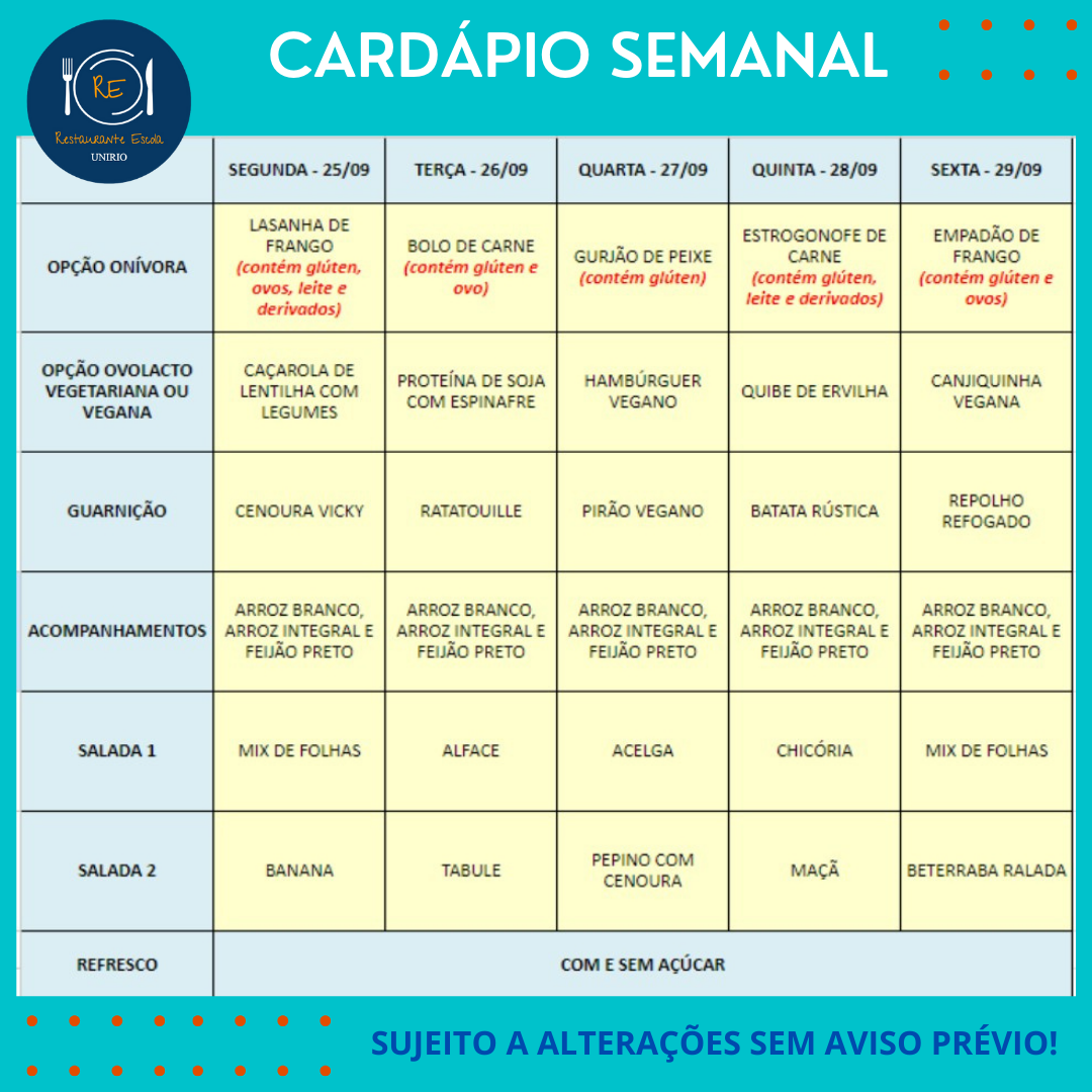 Cardápio 25 a 29/09/23