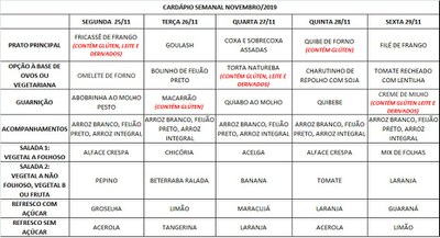cardápio 25/11 a 29/11/2019