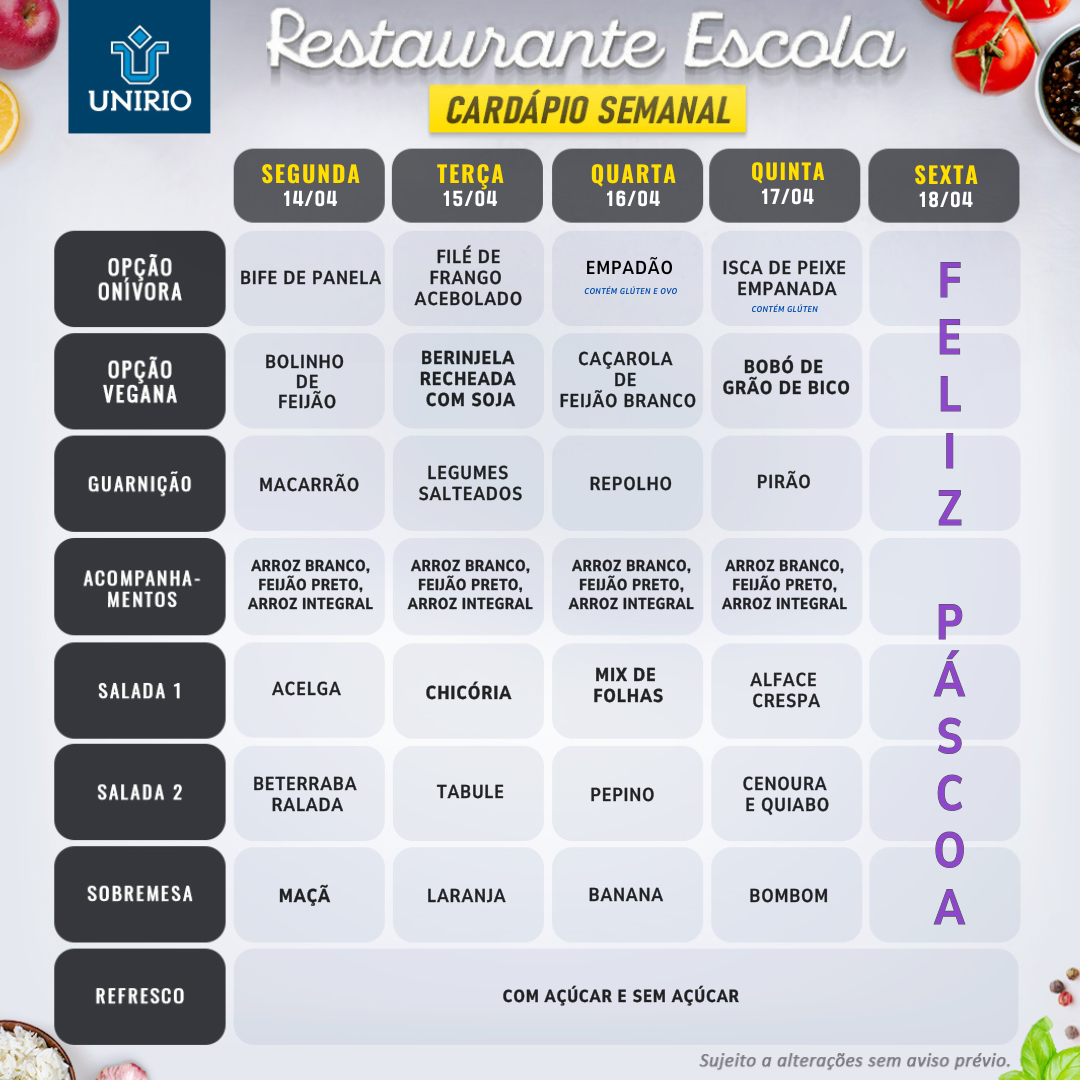 CARDÁPIO DO RESTAURANTE ESCOLA: 14 a 17/04/25