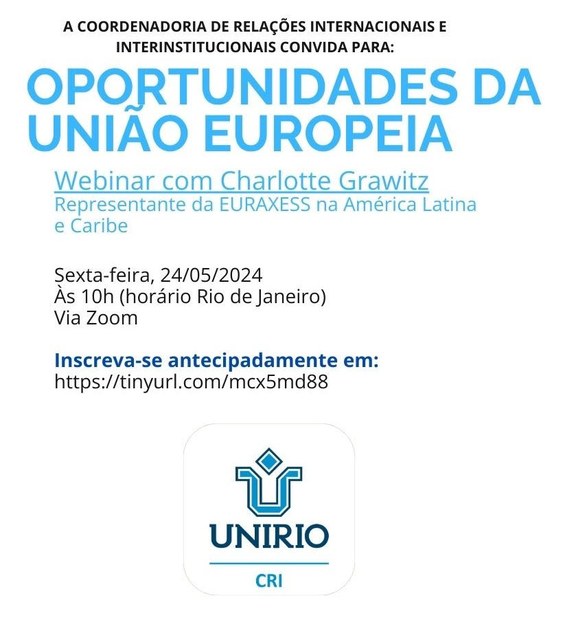 Webinar Oportunidades da União Europeia | Sexta, 24 maio - 10h - via Zoom Webinar Oportunidades da União Europeia | Sexta, 24 maio - 10h - via Zoom
