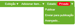 Menu exibindo as opções de Estado publicação: Privado, Publicar, Enviar para publicação, Avançado