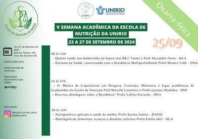 Programação - V Semana Academica da Escola de Nutrição 25/09/2024 Programação - V Semana Academica da Escola de Nutrição 25/09/2024