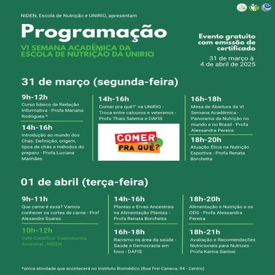 Programação VI Semana Acadêmica EN 31 de março a 01 de abril Programação VI Semana Acadêmica EN 31 de março a 01 de abril
