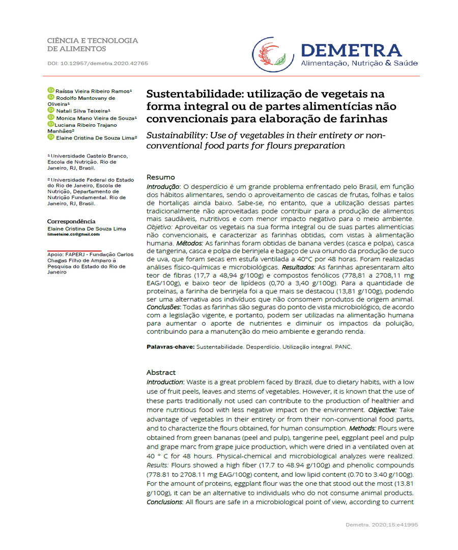 Artigo Sustentabilidade- utilização de vegetais na forma integral ou de partes alimentícias não convencionais para elaboração de farinhas