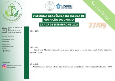 Programação - V Semana Academica da Escola de Nutrição  27/09/2024
