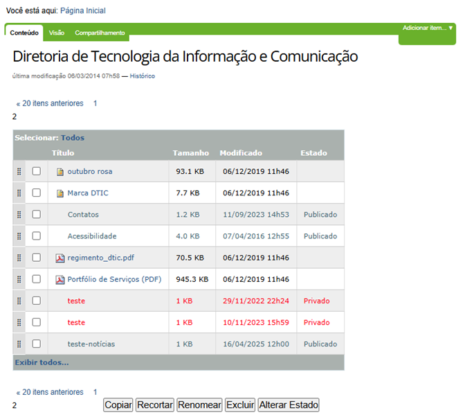 Aba conteúdo ativada, exibindo uma tabela com todos os itens do site
