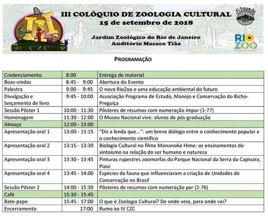 Programação do III Colóquio de Zoologia Cultural Programação do III Colóquio de Zoologia Cultural
