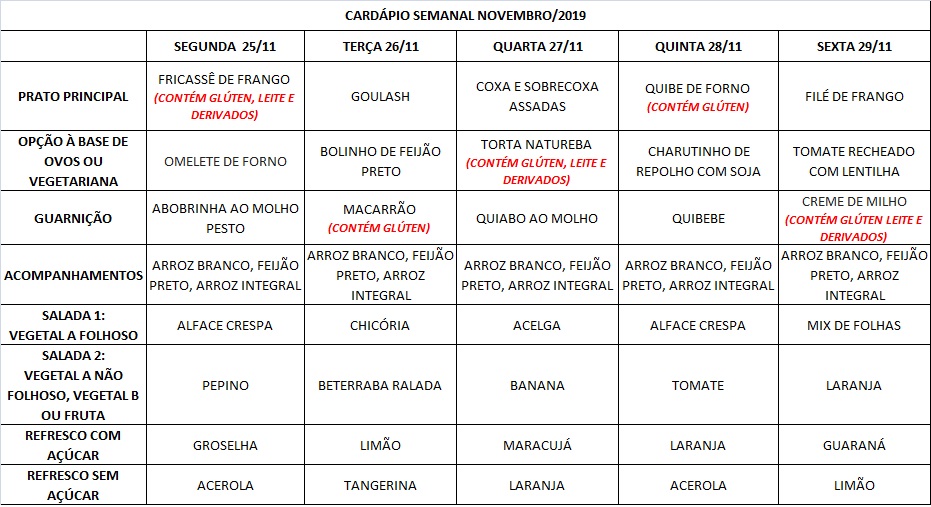 cardápio 25/11 a 29/11/2019