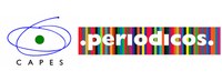 Símbolo da CAPES, que consiste de uma pequena esfera cercada por um traçado em forma de elipse, com a palavra CAPES embaixo. Ao lado, a palavra periódicos sobre um fundo retangular colorido