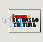 Marca gráfica da Semana de Extensão e Cultura. À esquerda, ilustração de um cérebro formado por pontos e linhas azuis. À direita, texto em destaque: 'Semana de Extensão e Cultura', com a palavra 'Extensão' em preto, 'Cultura' em preto, a letra 'I' em azul e 'Semana' em vermelho
