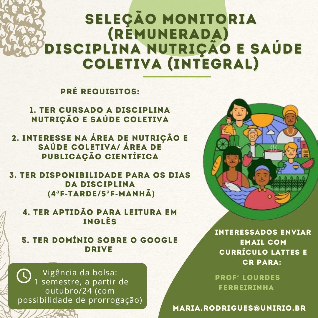 Seleção Monitoria Nutrição e Saude Coletiva Integral