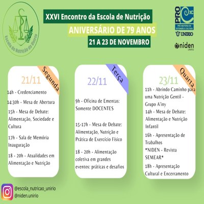 Evento Encontro XXVI da Escola de Nutrição - 21 a 23/11 Evento Encontro XXVI da Escola de Nutrição - 21 a 23/11