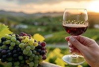 Taça de vinho em primeiro plano com vinhedo ao fundo, remetendo à sustentabilidade no enoturismo.