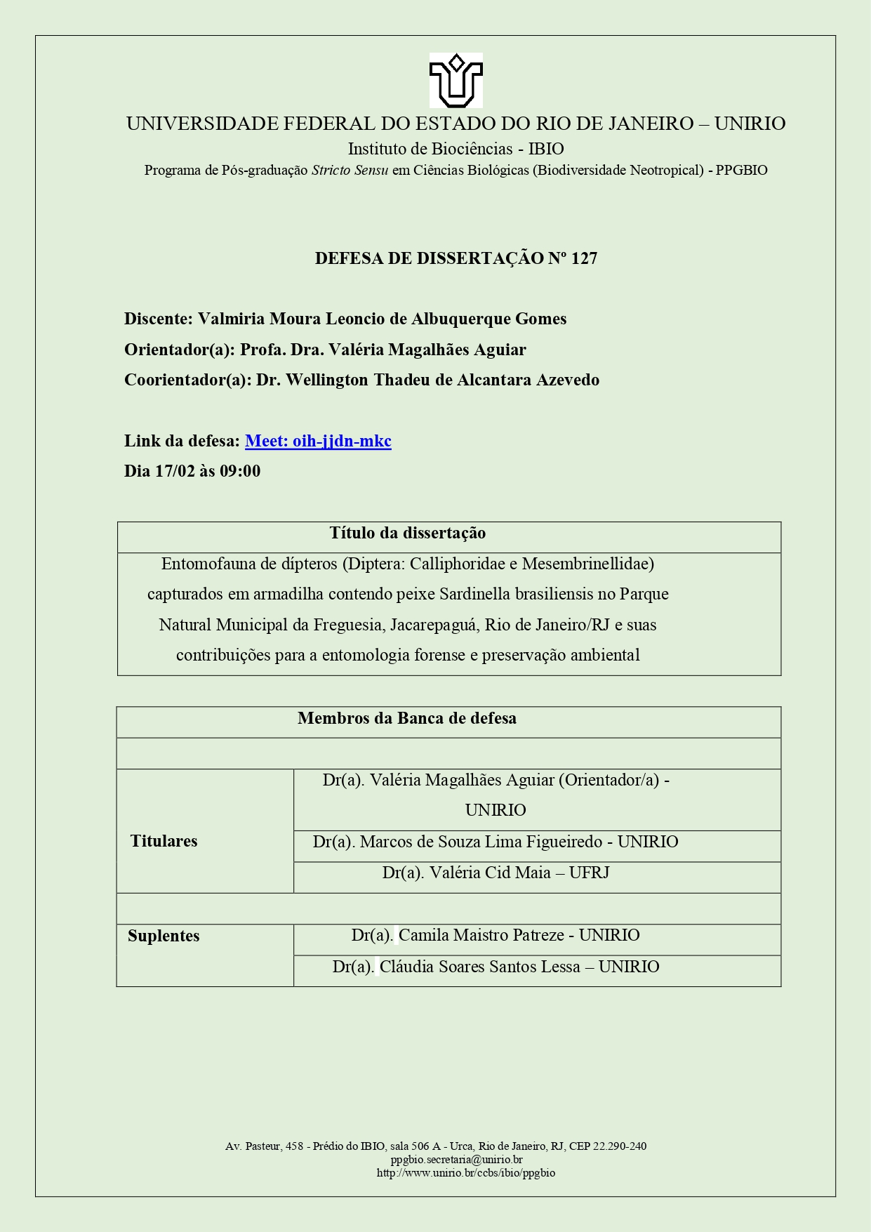 Defesa de dissertação nº 127 - Valmiria Moura Leoncio de Albuquerque Gomes