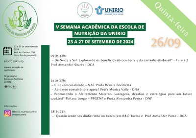 Programação - V Semana Academica da Escola de Nutrição  26/09/2024 Programação - V Semana Academica da Escola de Nutrição  26/09/2024