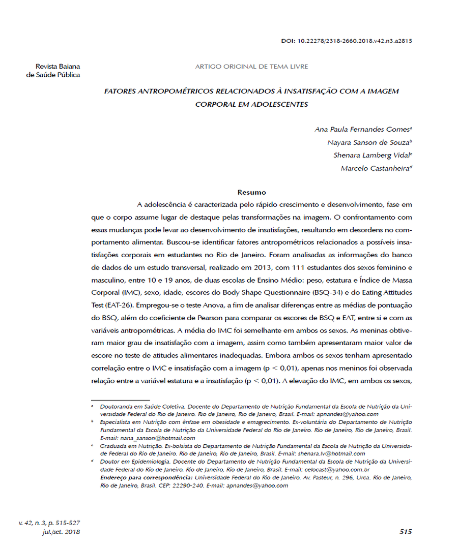 Artigo Antropométrico Relacionados à Insatisfação com a Imagem Corporal em Adolescentes