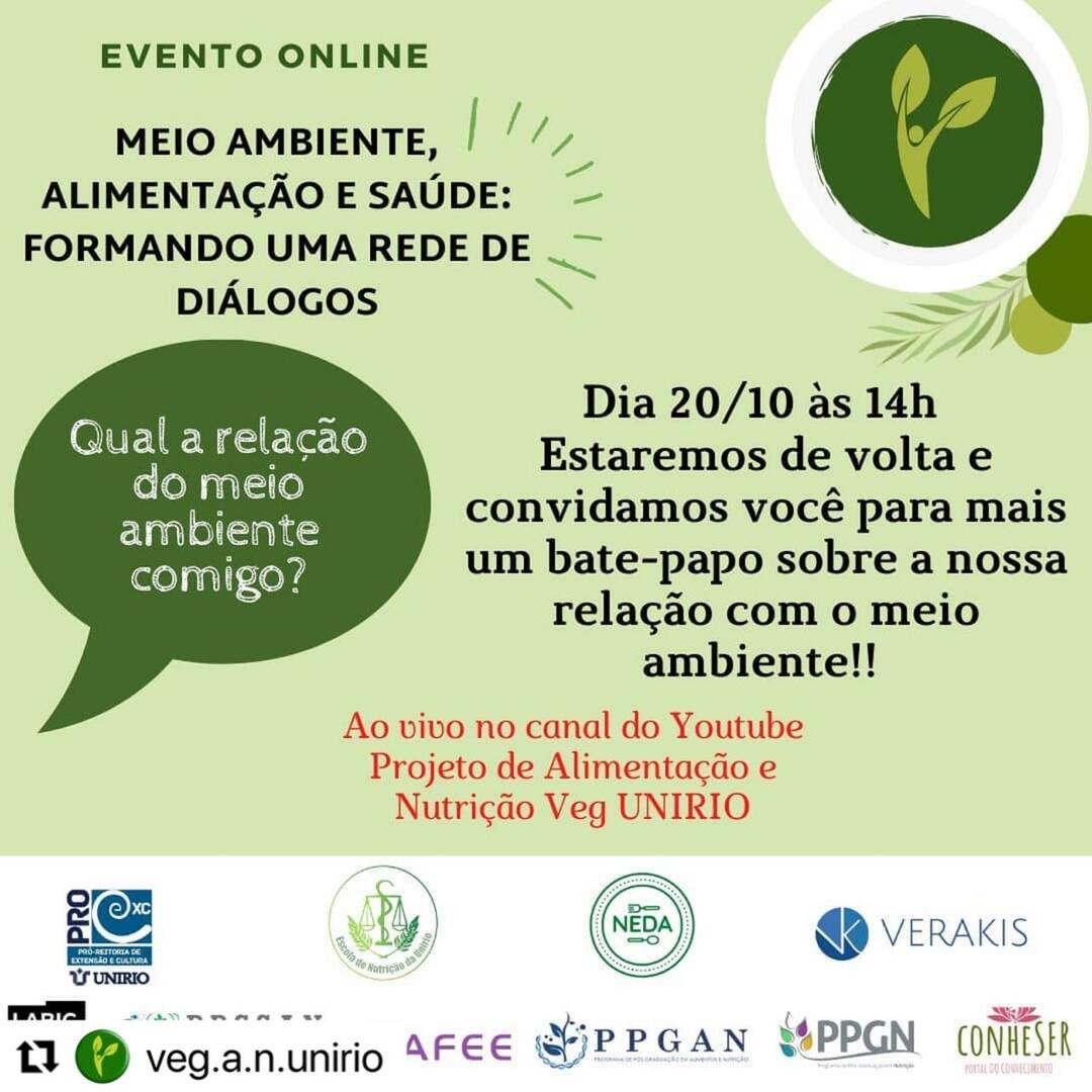 Evento Meio Ambiente, Alimentação e Saúde dia 20 de outubro de 2020 às 14h