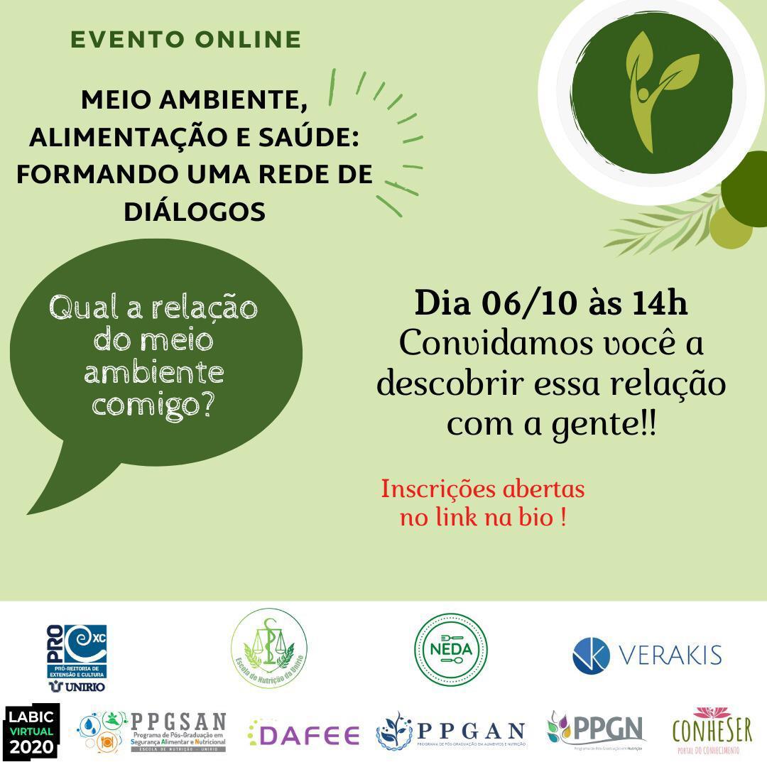 Evento Meio Ambiente, Alimentação e Saúde dia 6 de outubro de 2020 às 14h