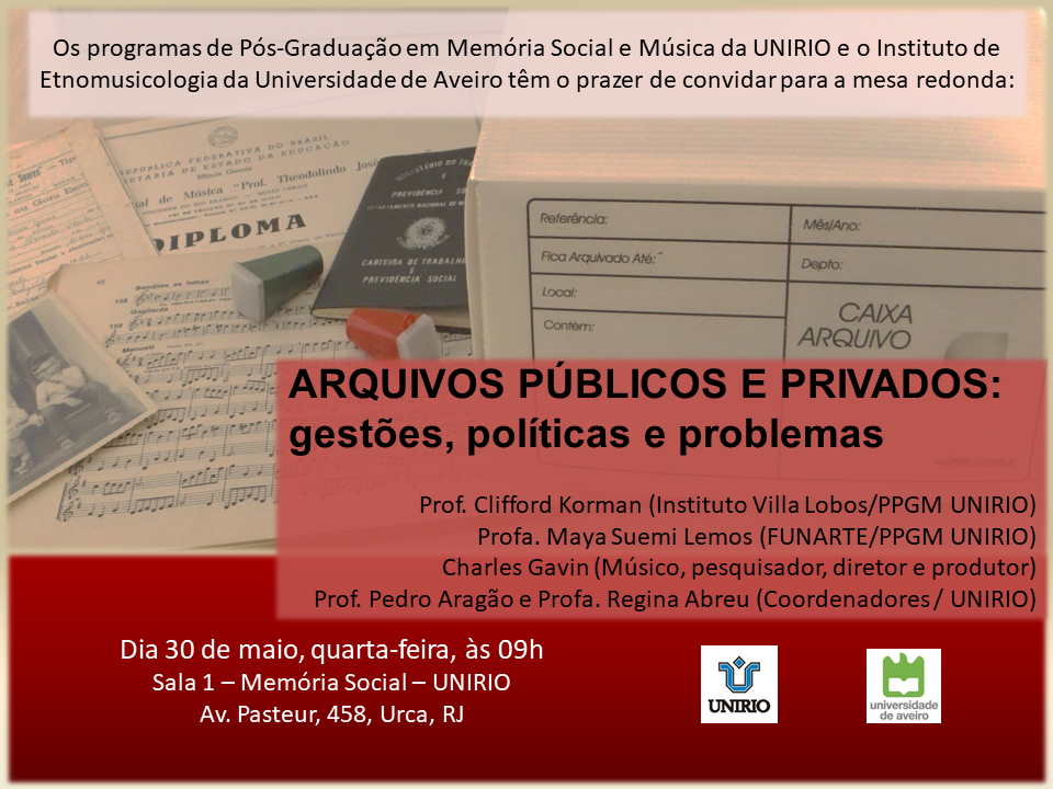 Cartaz de divulgação da mesa redonda sobre Arquivos Públicos e Privados no campo da Música