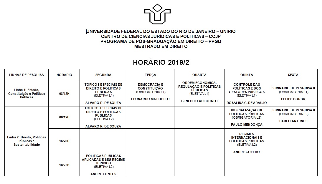 Horário 2019/2° semestre