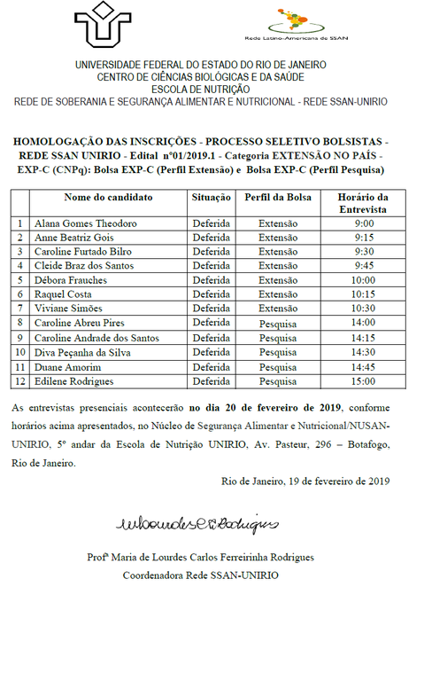 HOMOLOGAÇÃO DAS INSCRIÇÕES - PROCESSO SELETIVO BOLSISTAS - REDE SSAN UNIRIO