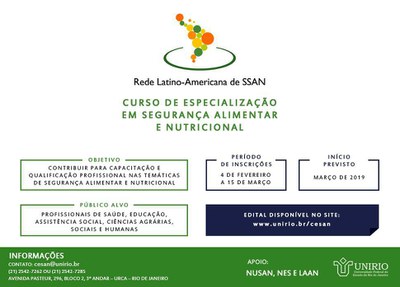 Inscrições Abertas Curso de especialização em Segurança Alimentar e Nutricional