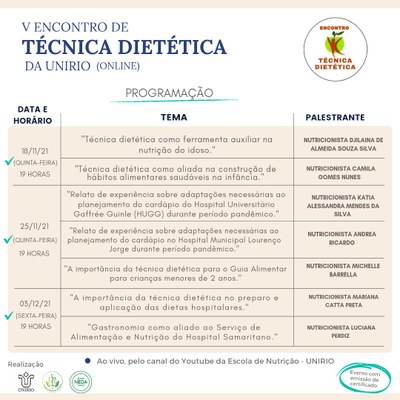 V Encontro de Técnica Dietética da Unirio (online) 18/11, 25/11 e 03/12/2021
