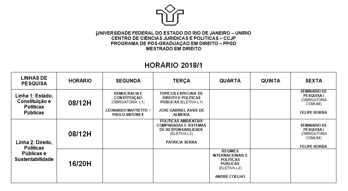 Horário 2018/1° semestre