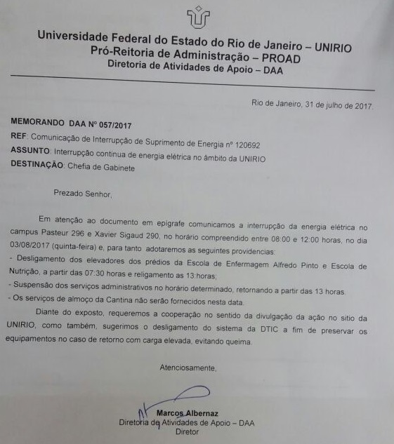 Memorando Interrupção de energia Campus Reitoria