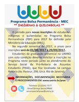 Programa Bolsa Permanência (PBP/MEC) terá inscrições abertas a partir de 01/08/2017 até 29/09/2017