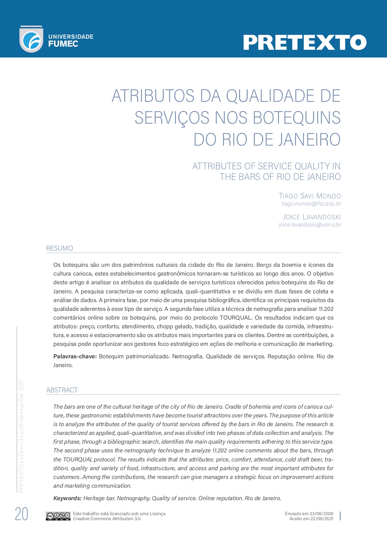 Atributo da Qualidade de Serviços nos Botequins do Rio de Janeiro